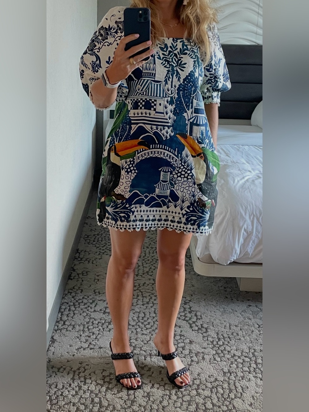 FARM Rio Blue & White Printed Puff-Sleeve Toucan Mini Dress